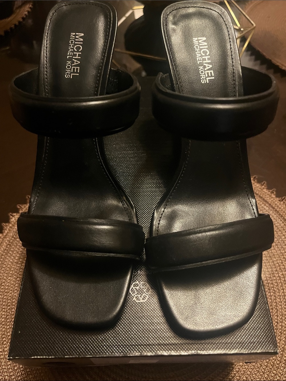 Michael Kors Black Leather Double Band Slide Mules